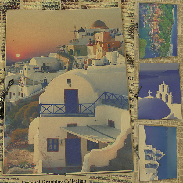 爱琴海 复古 牛皮纸 浪漫地中海 世界唯美风景景点 餐厅装饰画