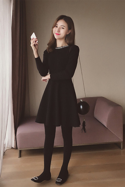 2017春装新品长袖绣花直筒连衣裙女夏修身显瘦一步裙打底A字裙子