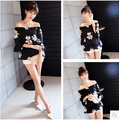 2016夏季新品韩版女装性感喇叭袖花朵印花一字领宽松雪纺衫上衣潮