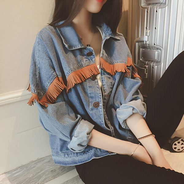 2015 Korean version of the new winter jacket women jacket Western style loose stitching fringed denim jacket coat female tide