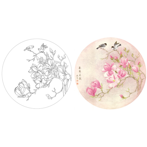 梁燕生圆形团扇花鸟小品工笔国画白描底稿临摹勾线实物打印稿316