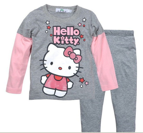 外贸纯棉儿童春秋家居服 女童Hello Kitty长袖卡通秋衣秋裤套装