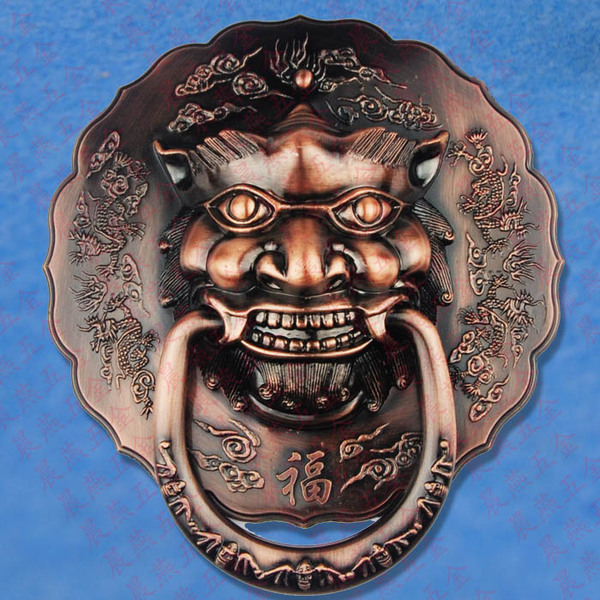 仿古狮子头拉手 麒麟兽头门环 大门中式把手红古铜直径18cm