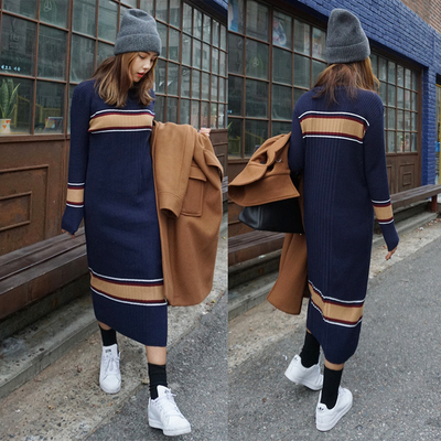 韩国代购女装正品2015秋冬新款dk复古配色条纹高领针织连衣裙长裙