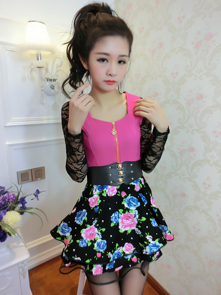 连衣裙春秋款2016新款修身显瘦田园小清新蕾丝碎花性感蓬蓬连衣裙