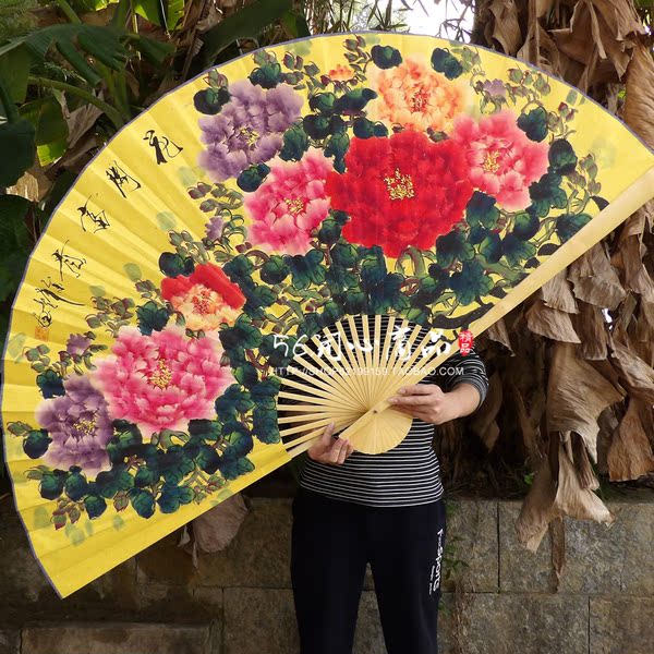 超大挂扇装饰扇中国风工艺折扇子影楼道具婚庆摄影手绘工笔画牡丹