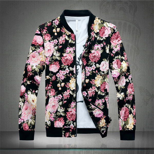 男装立领牡丹花外套学生青少年印花夹克时尚带花纹薄款男士开衫潮