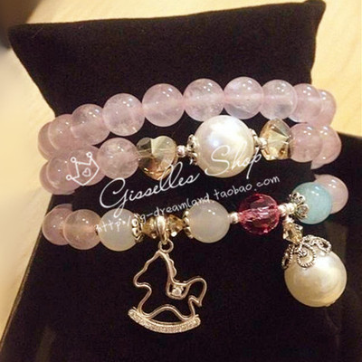 天然水晶粉晶珍珠彩珠镶钻精致可爱小马木马 925纯银手工串珠手链