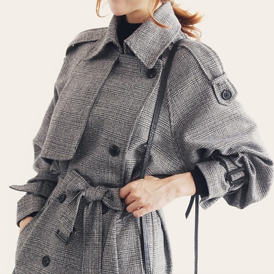2015秋季新款风衣女装韩国代购n9复古格纹大衣女中长款宽松外套女