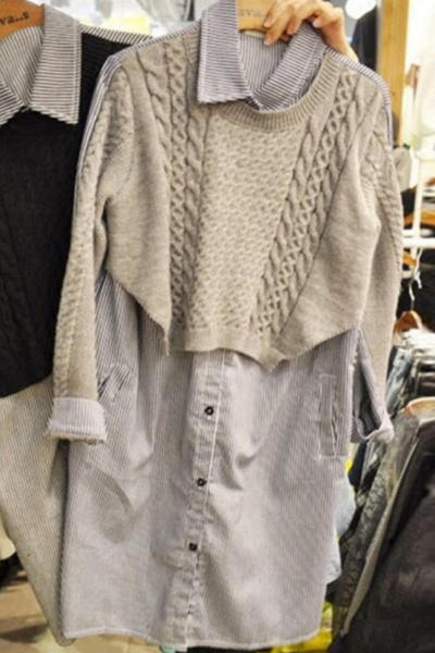 韩国东大门2016秋冬新品款毛衣针织衫中长款衬衫连衣裙假两件套装