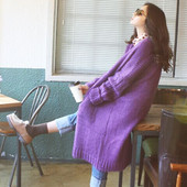 韩国代购春季新款女装宽松大码针织衫外套加厚超长款大毛衣开衫女