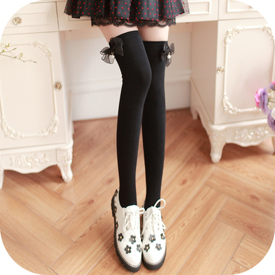 甜美珍珠半截袜过膝学生日系秋冬长筒袜蝴蝶结学院风大腿袜子纯棉