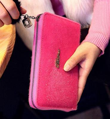 新款长款马毛钱包女士钱包韩版毛毛绒手拿包时尚手机包零钱包一