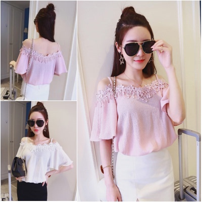 漏肩装吊带上衣女夏+荷叶边百搭甜美雪纺衫短袖宽松学生一字肩 潮