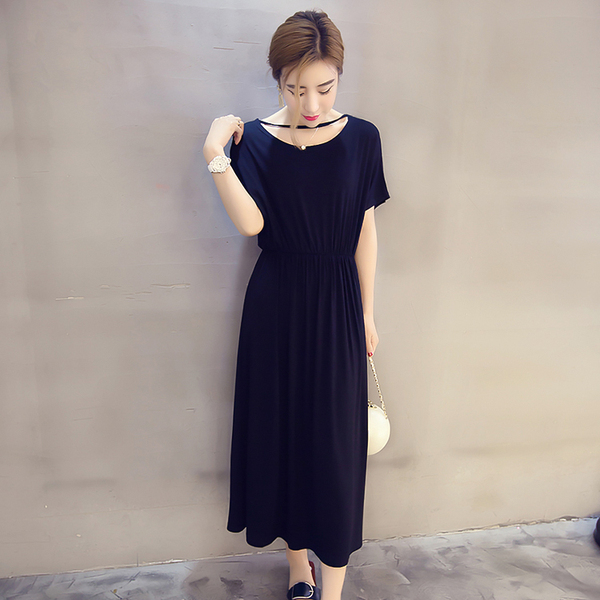 春夏新款女装韩版百搭修身显瘦打底中裙女纯色圆领挂脖短袖连衣裙