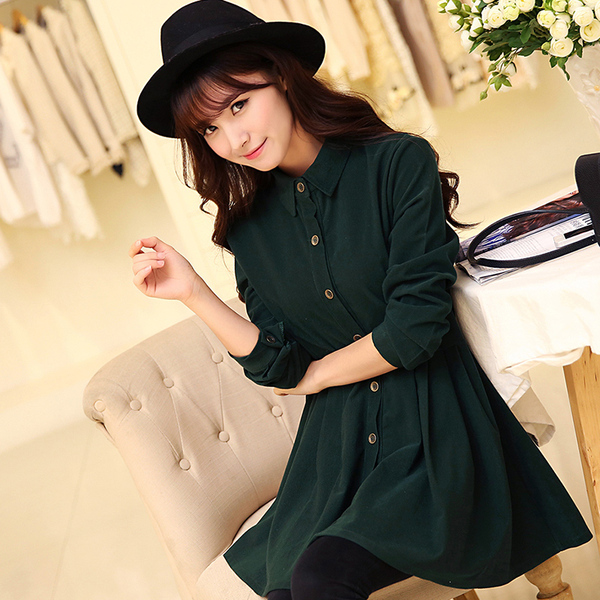2016秋装韩版小清新森女系衬衫裙甜美修身时尚灯芯绒长袖连衣裙女
