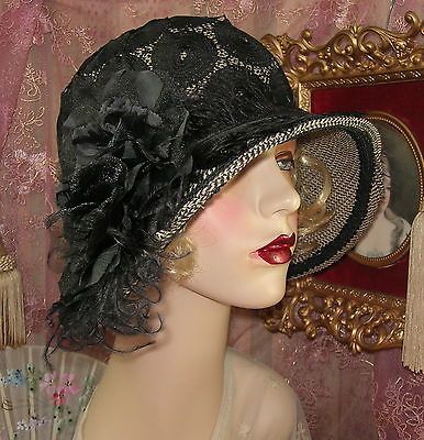 海外代购 欧式女礼帽子1920s vintage唐顿德科 黑色羽毛 钟形女帽