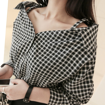 露肩黑白格衬衫 c092-p50 大货