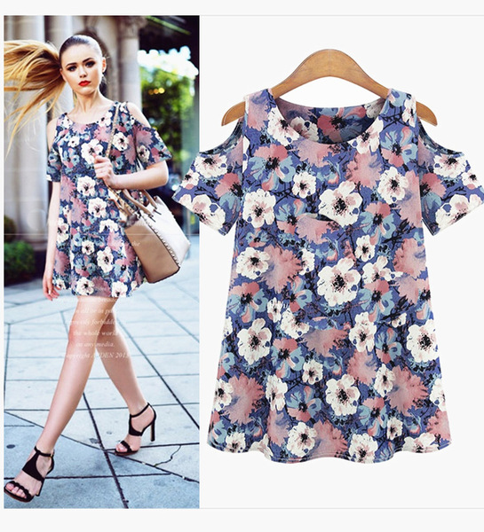 欧洲站夏胖MM大码宽松显瘦印花牛仔连衣裙外贸速卖通ebay爆款902