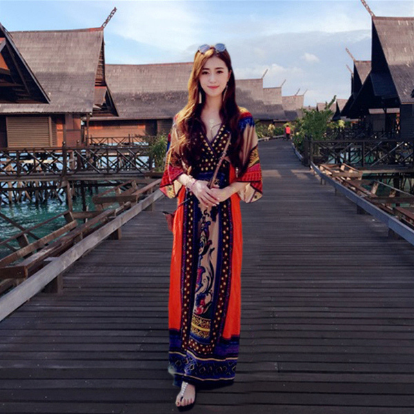 泰国风情旅游度假衣服夏女装潮牌连衣裙云南出游长裙子民族风服装-淘