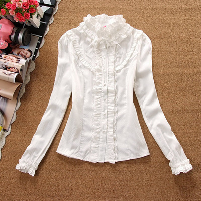 2016春季新款宫廷领女士百搭淑女立领蕾丝长袖衬衫荷叶花边白衬衣