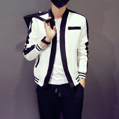 2016年冬季春节新年男装流行衣服 冬装新款修身黑白夹克外套休闲