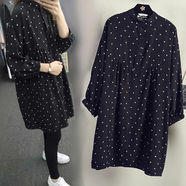 2016秋装新款胖mm200斤大码韩版宽松显瘦中长款波点衬衫裙女7218