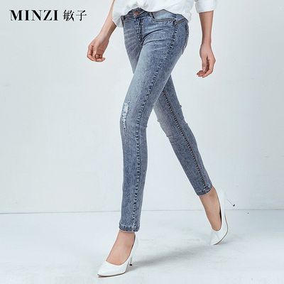 minzi敏子牛仔裤女2015年夏薄款弹力时尚雪花钩破九分铅笔裤