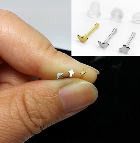防过敏钛钢隐形鼻钉 迷你小耳钉金色月牙月亮耳环耳骨钉日韩国 女