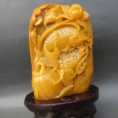 309克天然黄龙玉原石籽料雕刻小摆件连年有余 田黄级黄龙玉籽料