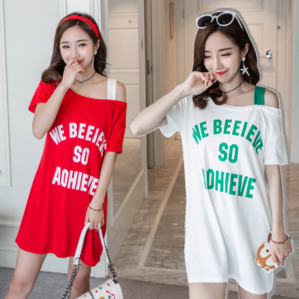 2017夏装韩版新款短袖露肩连衣裙大码半袖时尚字母百搭吊带T恤裙