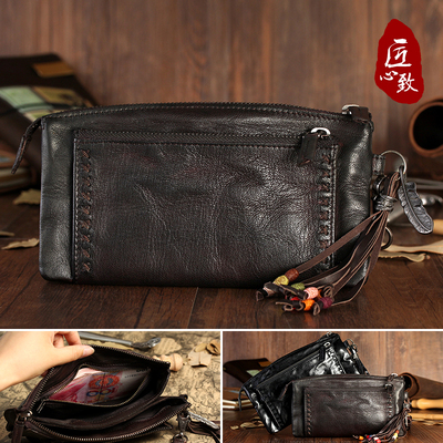 新品小山羊皮流苏走秀款复古褶皱钱包男真皮女中性长款手拿包q020