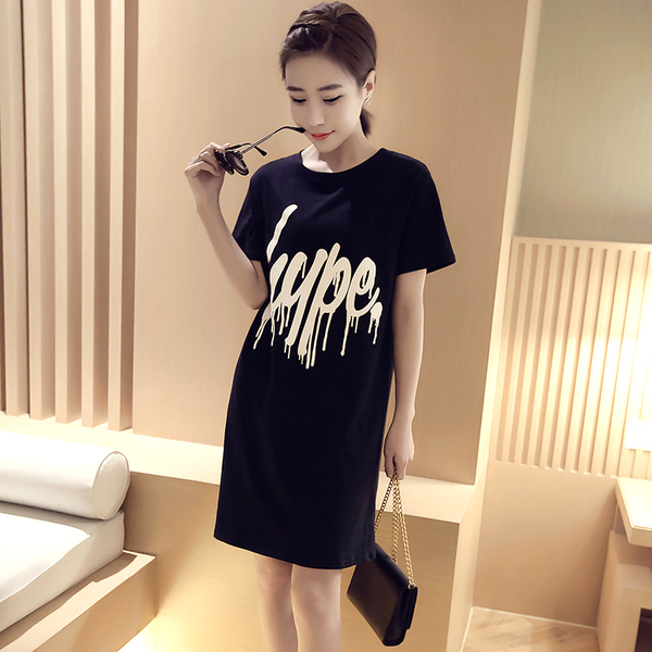 2016春装新款韩版套头圆领短袖字母印花中长款t恤衫女 潮