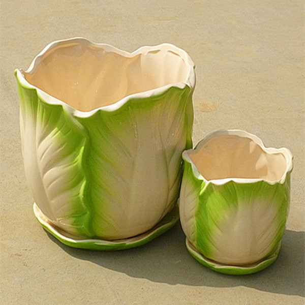 特价 玉白菜陶瓷花盆 带托盘也底孔 托盘与盆体相连 盆栽绿植花器