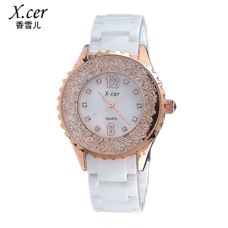 正品香雪儿时尚女表韩版水晶流沙白色陶瓷手表石英表水钻表时装表