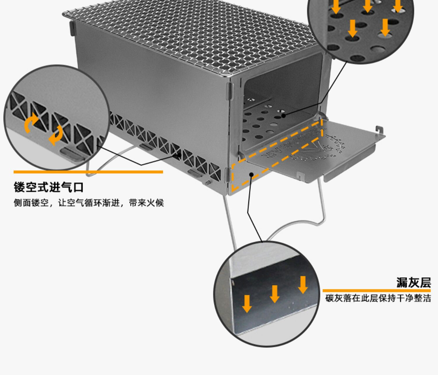 Упаковка угол 便携野炊家用户外架烧烤三不锈钢折叠野营峰烧烤z柴火露营炉。炉