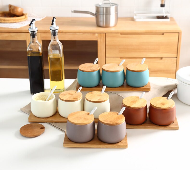 家用调料玻璃油瓶组合套装厨房油盐酱醋壶陶瓷双层调味罐盒三件套