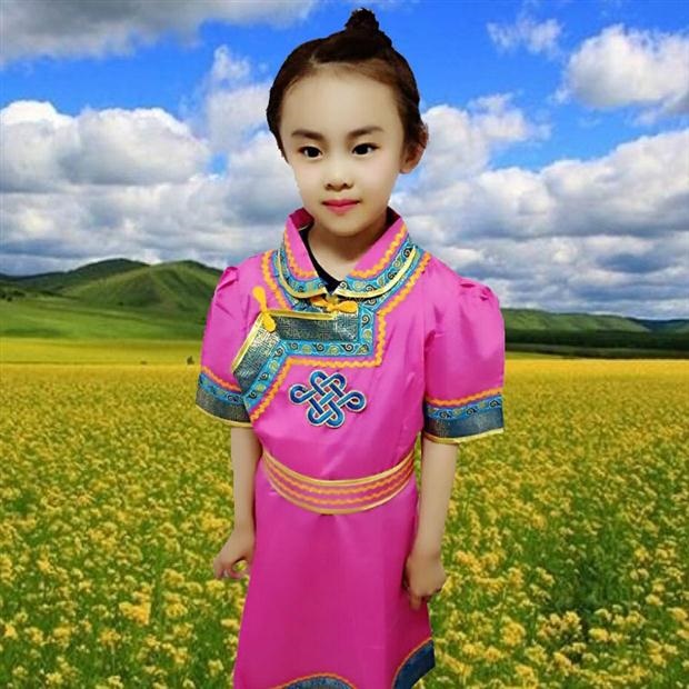 Mông Cổ cô gái áo choàng trẻ em mùa xuân và mùa hè ngắn tay nửa trang phục trẻ em trang phục múa dân gian hàng ngày công chúa - Trang phục
