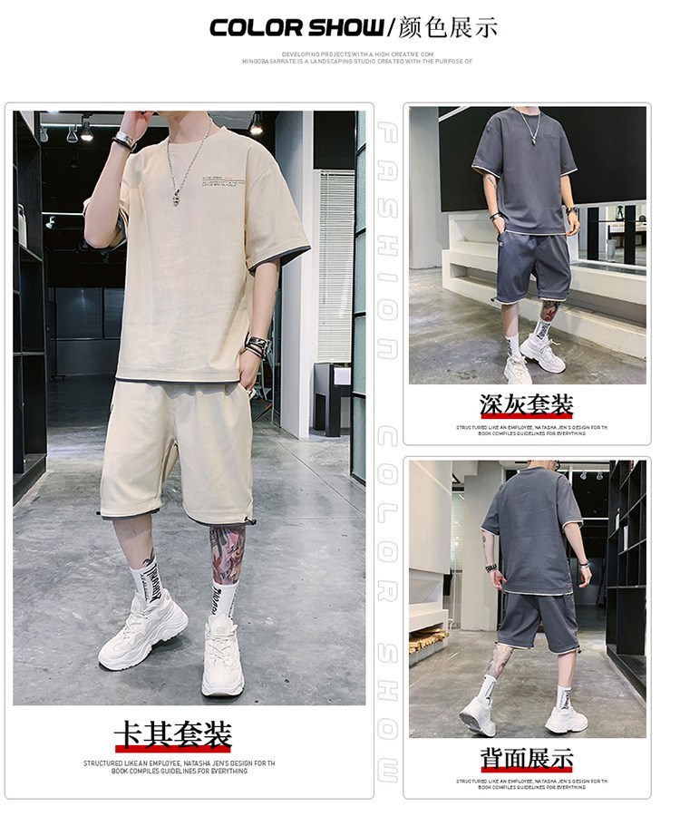 Nam giới áo thun ngắn tay mùa hè bộ đồ thể thao vải lanh giản dị của nam giới bộ đồ hai mảnh vải cotton và vải lanh mỏng nửa tay lỏng lẻo - Bộ đồ