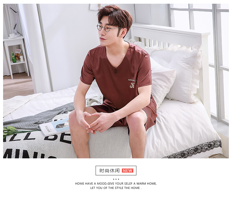 Bộ đồ ngủ lụa lụa mùa hè của nam giới quần dài ngắn tay mỏng mùa hè có thể được mặc bên ngoài bộ đồ phục vụ tại nhà bằng lụa zs - Bên ngoài ăn mặc