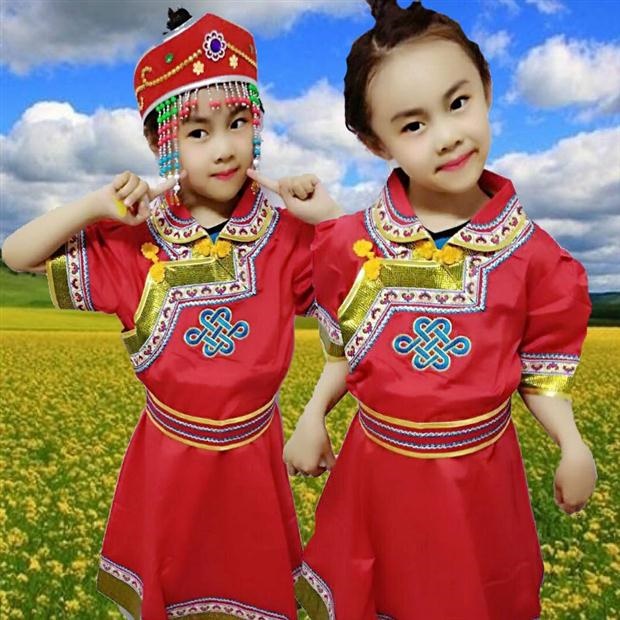 Mông Cổ cô gái áo choàng trẻ em mùa xuân và mùa hè ngắn tay nửa trang phục trẻ em trang phục múa dân gian hàng ngày công chúa - Trang phục