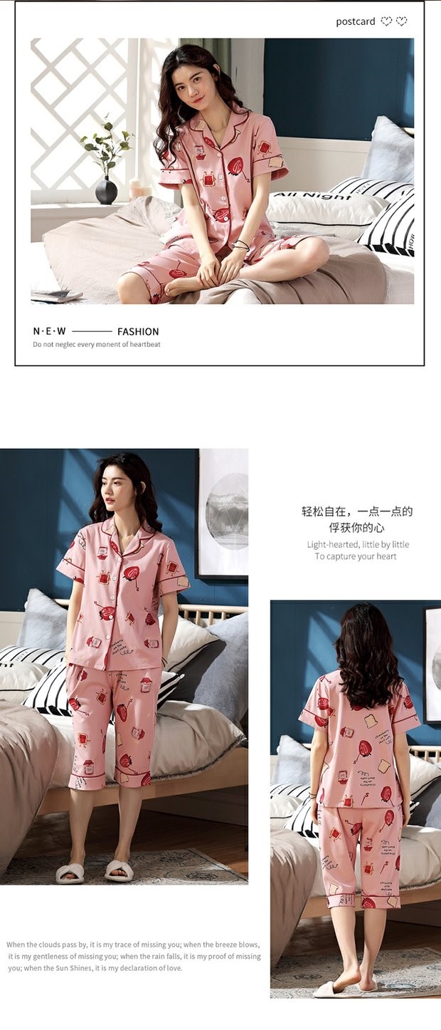 Đồ ngủ của phụ nữ cotton mùa hè ngắn tay cắt quần tây mỏng cardigan lỏng lẻo dễ thương giản dị phục vụ tại nhà hai mảnh VA - Nam giới