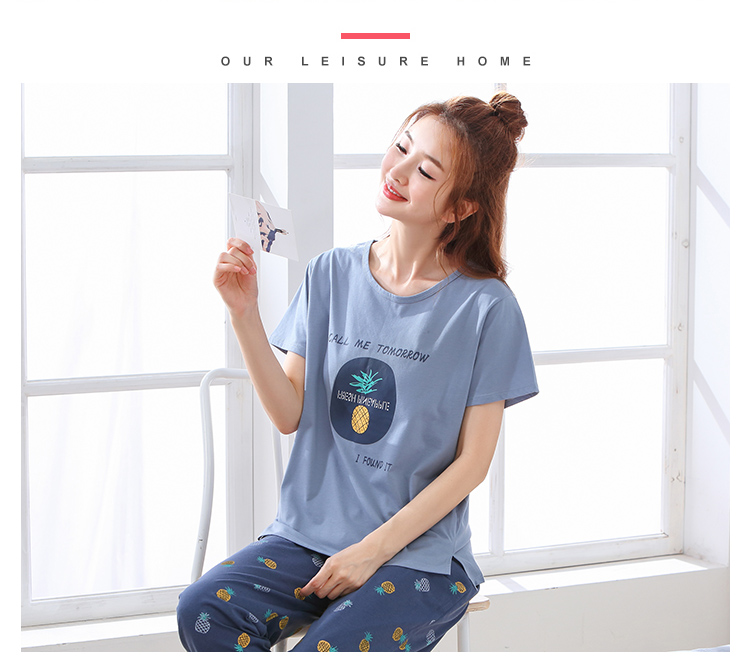 Đồ ngủ của phụ nữ mùa hè cotton tinh khiết mỏng ngắn tay quần tây cắt ngắn phù hợp với người béo lớn béo mm200 kg lỏng lẻo dịch vụ tại nhà - Bên ngoài ăn mặc