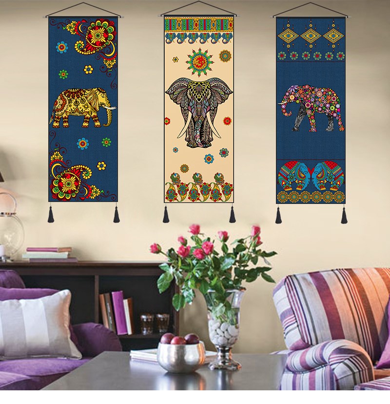 Tấm thảm chặn bức tranh dân tộc màu nước voi vải nền tường mô hình trang trí kỳ lạ vải treo phong cách nghệ thuật voi - Tapestry