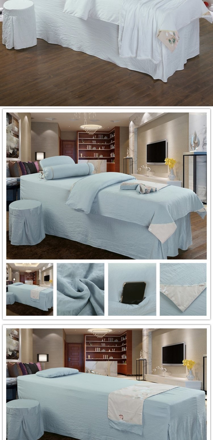 Bộ khăn trải giường làm đẹp bốn mảnh đơn giản vải bông và vải lanh hình xăm khăn trải giường màu xám - Trang bị tấm