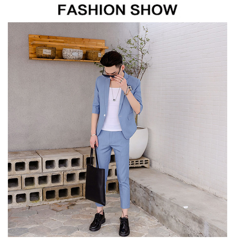 Cao cấp mùa xuân và mùa hè mới ba phần tư tay áo nhỏ phù hợp với nam giới phong cách Hàn Quốc hộp đêm tạo mẫu tóc hộp đêm tay áo phù hợp với hai - Suit phù hợp