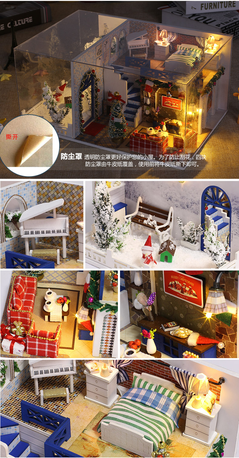 Tự làm nhà nhỏ màu xanh Giáng sinh làm thủ công mô hình nhà nhỏ lắp ráp biệt thự sáng tạo món quà Giáng sinh nữ - Chế độ tĩnh
