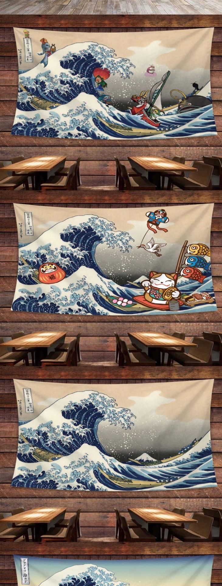 Hình xăm treo rèm nhà bếp Phong cách Nhật Bản chụp cổ điển Kanagawa lướt ván thảm chống nắng neo rèm tranh trang trí - Tapestry