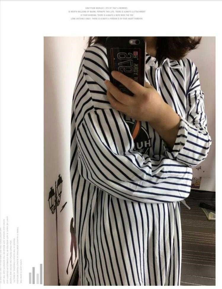 Váy ngủ nữ dài tay phong cách hàn quốc mùa hè áo sơ mi cotton cổ trụ rời sọc plus size đồ ngủ có thể mặc ngoài cho các nàng béo trong mùa xuân thu. - Đêm đầm