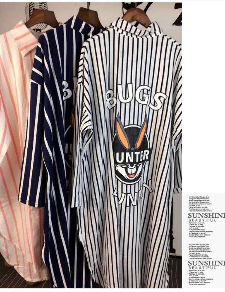 Váy ngủ nữ dài tay phong cách hàn quốc mùa hè áo sơ mi cotton cổ trụ rời sọc plus size đồ ngủ có thể mặc ngoài cho các nàng béo trong mùa xuân thu. - Đêm đầm